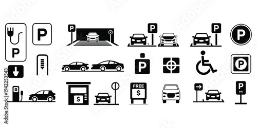 Collection of Parking and Electric Vehicle Charging Station Icons electric car