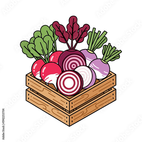 A wooden crate overflowing with a vibrant assortment of fresh root vegetables, including radishes, beets, and turnips, artfully arranged for a healthy harvest.