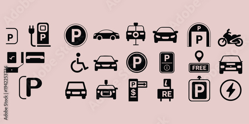 Diverse Parking and Electric Vehicle Icons on Pink Background electric car charging station