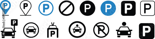 Diverse Parking Symbols and Car Illustrations on White Background Keywords: parking, icon, symbol, car, vehicle, silhouette
