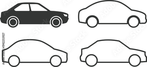 Four Car Silhouettes with Detailed Outlines and One Solid Black Sedan automobile vehicle