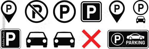 Parking Icons and Car Silhouettes with Red Cross on White Background Keywords: parking, icon, symbol, car, vehicle, silhouette