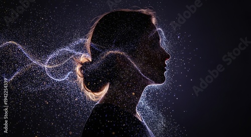 A woman's silhouette with glowing particles and a dark background.