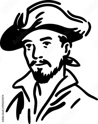 Hand Drawn Male Pirate Black and White Avatar Illustration in Minimal Line Art Style Design