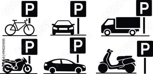 Set of black vehicle parking icons with P signs on white background Keywords: parking, icon, sign, symbol, bicycle, car