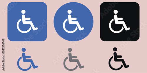 Set of six wheelchair accessibility icons in blue circle square and black backgrounds Keywords: accessibility, icon, wheelchair
