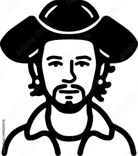 Hand Drawn Male Pirate Black and White Avatar Illustration in Minimal Line Art Style Design