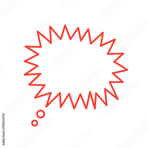 Red jagged outline thought bubble with small dots isolated on white background symbolizing sudden idea
