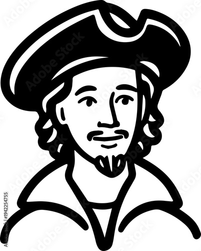 Hand Drawn Male Pirate Black and White Avatar Illustration in Minimal Line Art Style Design