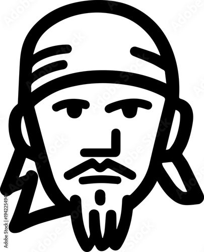 Hand Drawn Male Pirate Black and White Avatar Illustration in Minimal Line Art Style Design