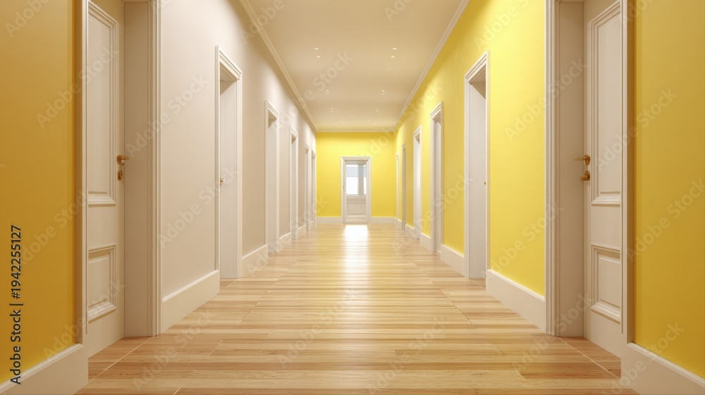 Obraz premium Long Interior Hallway with Yellow and White Walls and Multiple Doors, Perspective View