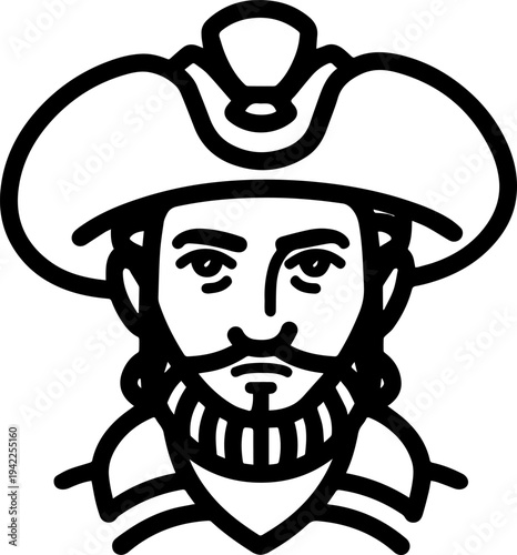 Hand Drawn Male Pirate Black and White Avatar Illustration in Minimal Line Art Style Design