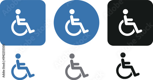 Six Wheelchair Accessibility Icons In Blue Black And Gray Colors handicap disabled