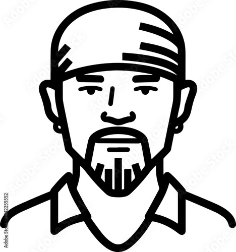 Hand Drawn Male Pirate Black and White Avatar Illustration in Minimal Line Art Style Design