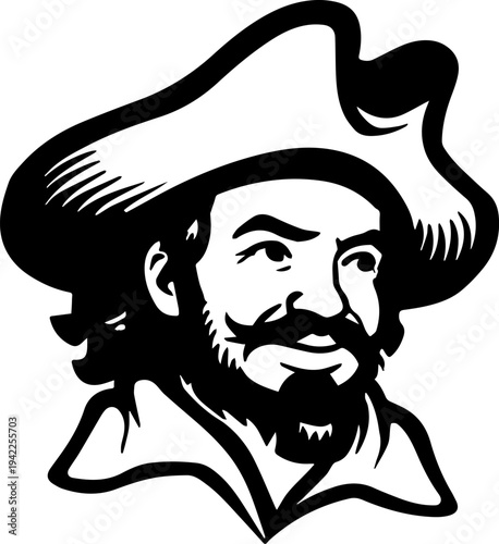 Hand Drawn Male Pirate Black and White Avatar Illustration in Minimal Line Art Style Design
