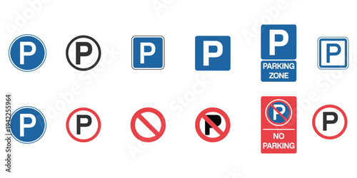 Variety of parking and no parking signs in different shapes and colors symbol