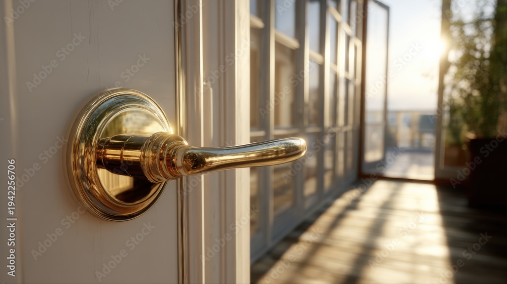 Naklejka premium Elegant Gold Door Handle Opening to Sunlit Balcony, Inviting Access and Modern Interior Design