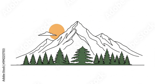 Minimalist Mountain Landscape with Sun and Forest.