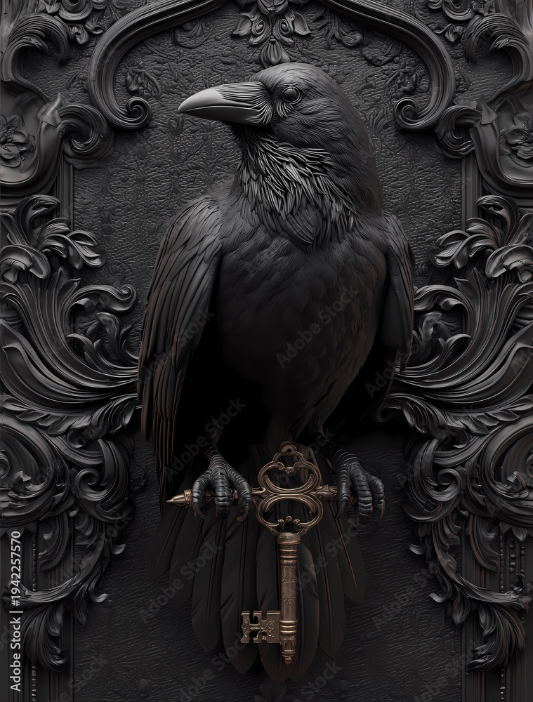 Naklejka premium a raven perched on an ornate key, with black metalwork and embossed details. in the background is a gothic wall with dark textures and patterns