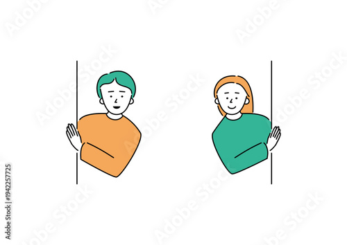 陰から笑顔で静かに見守る大人たちのシンプルなイラスト（オレンジ・グリーン）