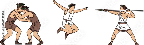 Ancient Greek Olympic Athletes Set with Wrestling Jumping and Javelin Throw in Flat Design Style