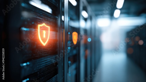 Wallpaper Mural Server Room Data Protection: Security Shield Icon in Modern Data Center for Cyber Security Torontodigital.ca