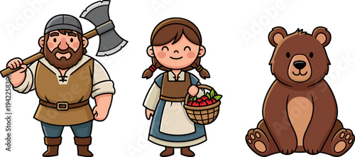 Fairytale Character Set with Lumberjack, Village Girl, and Brown Bear Flat Cartoon Illustration