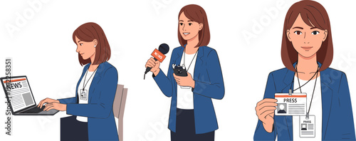 Female Journalist Character Set in Flat Design Style Working with Laptop and Press ID