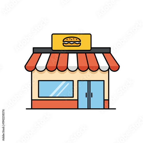 Fast Food Restaurant Building Icon with Burger Sign