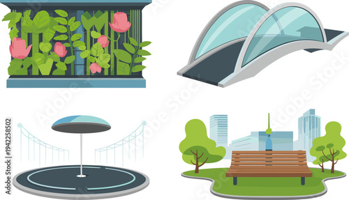 Flat Modern Urban Landscape Elements Set with Garden, Bridge, Fountain, and City Park Bench
