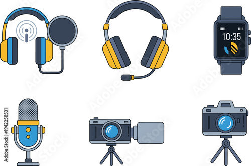 Flat Vector Illustration Set of Content Creation Gear with Headphones Camera Microphone and Smartwatch