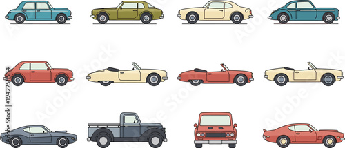 Flat Vector Illustration Set of Vintage Classic Cars and Retro Pickup Truck Isolated on White
