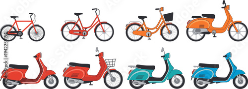 Vector Illustration Set of Bicycles and Retro Scooters for Urban Transport in Flat Style