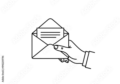 Hand putting letter into envelope, outline icon for business communication, mailing, and contract concepts
