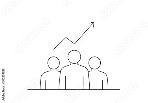 Business team with rising arrow graph, thin line icon for collective growth, success, and performance concepts