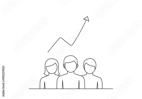 Business team with rising arrow graph, thin line icon for collective growth, success, and performance concepts