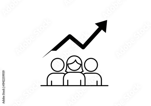 Business team with rising arrow graph, thin line icon for collective growth, success, and performance concepts