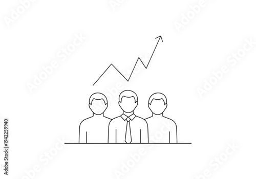 Business team with rising arrow graph, thin line icon for collective growth, success, and performance concepts