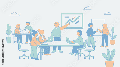 A diverse group of people collaborating in a modern office setting, with a leader presenting data on a screen.