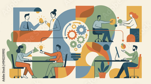 Illustration of diverse people collaborating and sharing ideas to generate innovation and teamwork within a business setting.