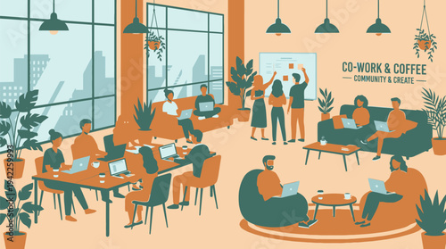 Diverse group of people collaborating and working on laptops in a bright, modern co-working space with plants and large windows.