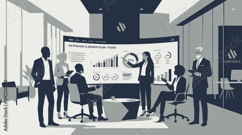 Diverse group of professionals collaborating in a modern office setting around a large interactive display showcasing business data and analytics.