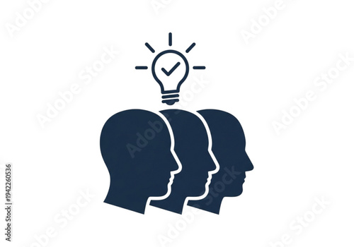 Group of heads with lightbulb and checkmark, solid icon for team brainstorming, shared ideas, and solution concepts