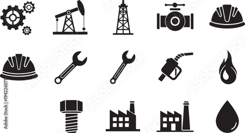 Collection of black industrial on white background including gears oil rig valve cogwheels pumpjack