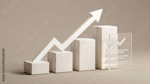 Growing trend shown in 3D bar graph with increasing arrow, depicting upward statistics and data analysis