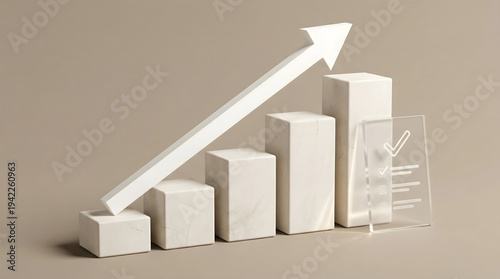 Growing financial graph with white blocks and upward arrow on neutral background from front view