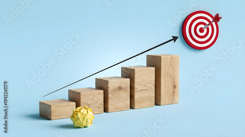Wooden blocks forming a rising graph with a red target and arrow, symbolizing success and progress
