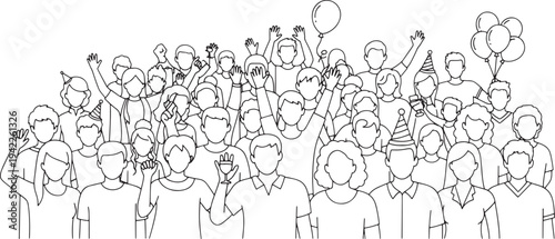 Diverse crowd of people celebrating with balloons and party hats line celebration