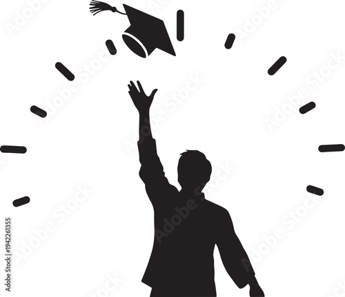 Silhouette of graduate tossing cap in air with radiating lines on white background graduation throwing