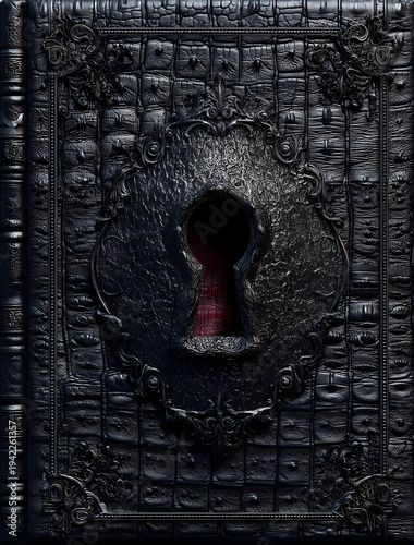 book cover, dark fantasy romance book cover design with a keyhole and black crocodile leather texture background, in the style of gothic romantic style